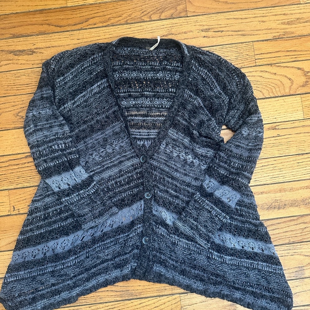 Free People Striped Open-Knit V-Neck Cardigan - Charcoal & Light Gray